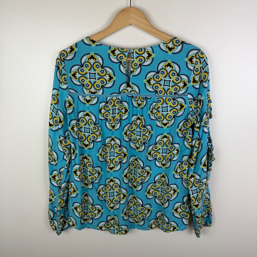 Crown & Ivy Floral Medallion Print Blouse Medium Blue Multi Peasant Boho Coastal - Picture 4 of 9